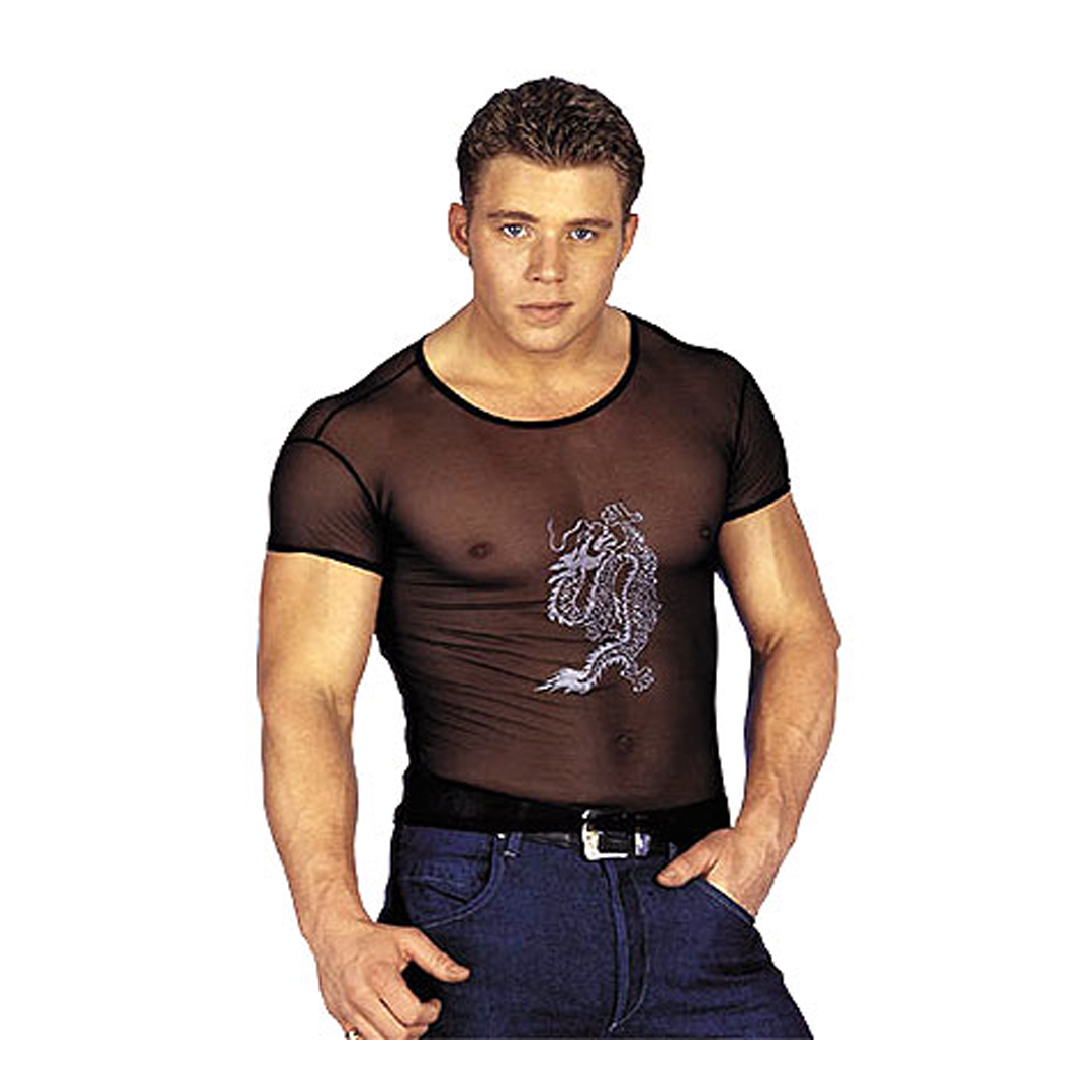 Průsvitné černé pánské triko s obrázkem draka, XL